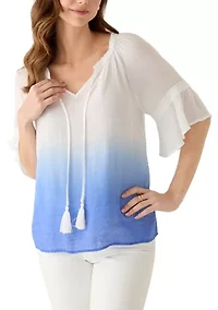 Women's Short Sleeve Tie Neck Ombre Top