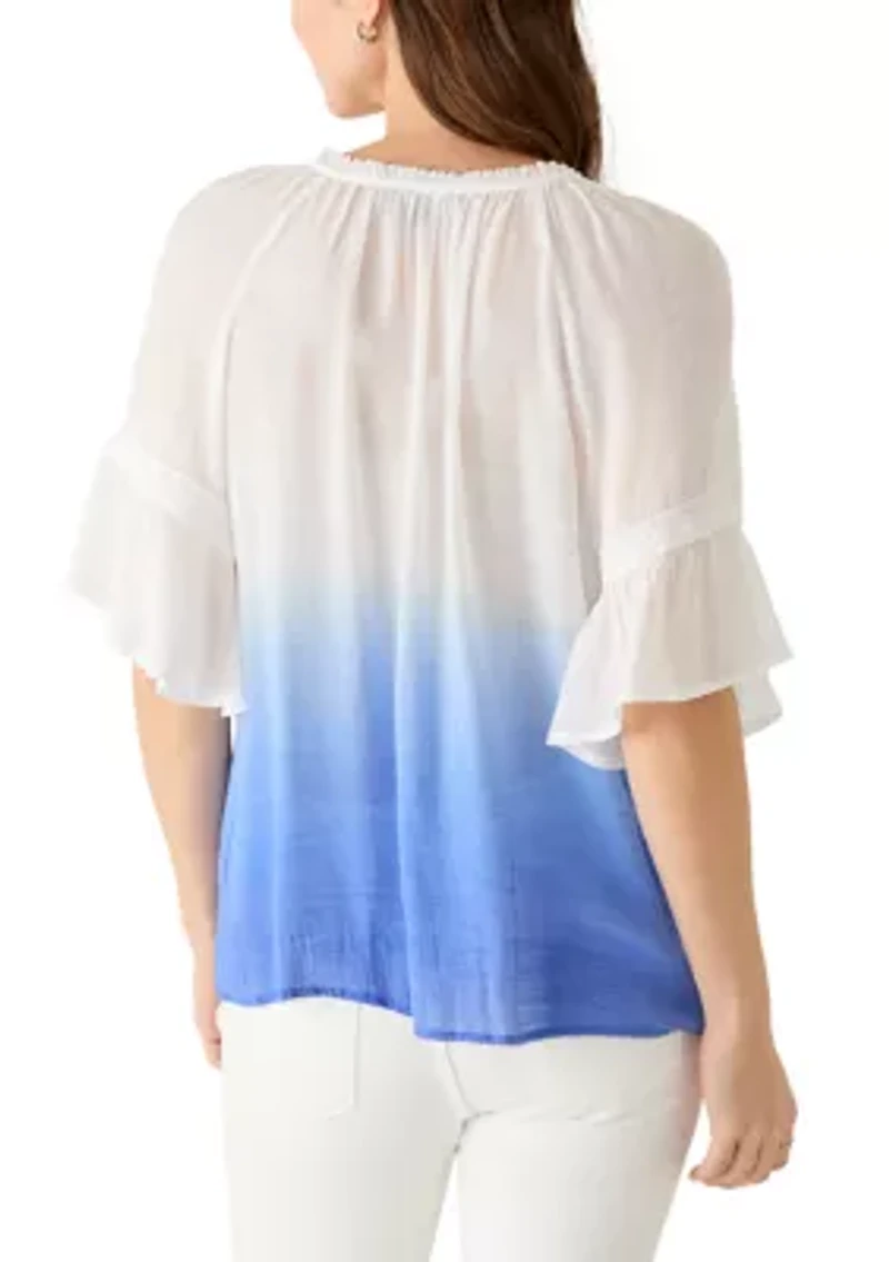 Women's Short Sleeve Tie Neck Ombre Top