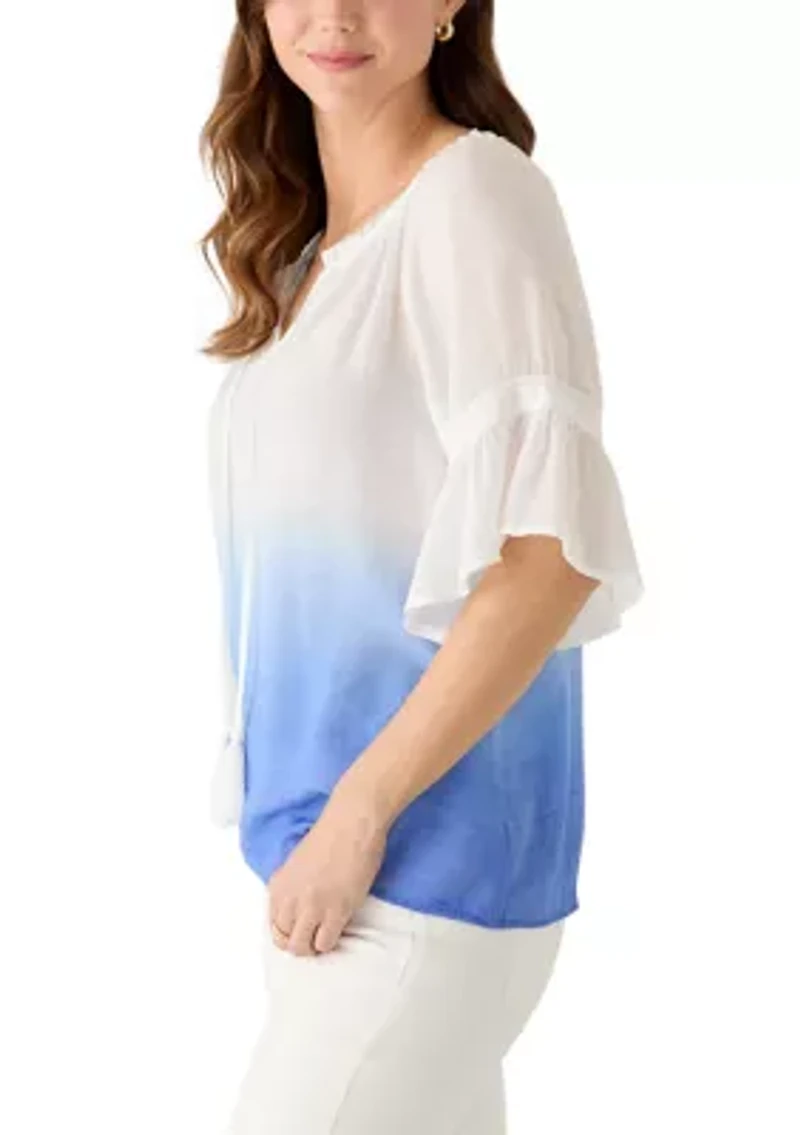 Women's Short Sleeve Tie Neck Ombre Top