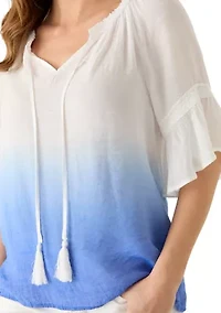 Women's Short Sleeve Tie Neck Ombre Top
