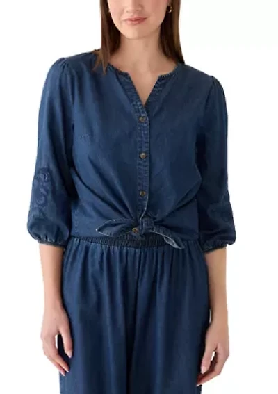 Women's 3/4 Sleeve Button Down Tie Front Shirt