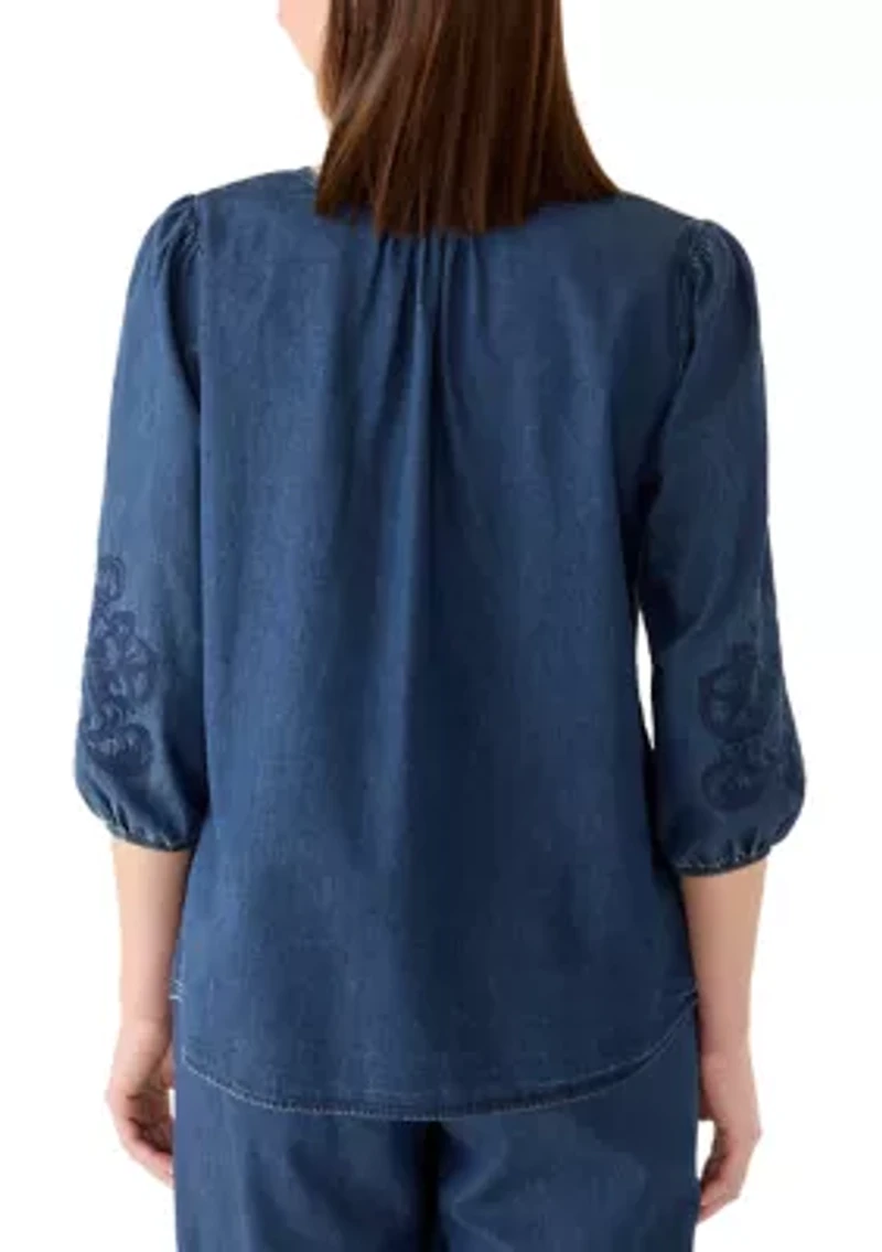 Women's 3/4 Sleeve Button Down Tie Front Shirt