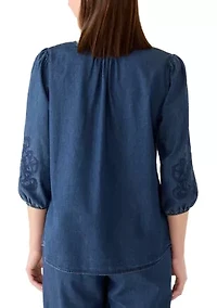 Women's 3/4 Sleeve Button Down Tie Front Shirt