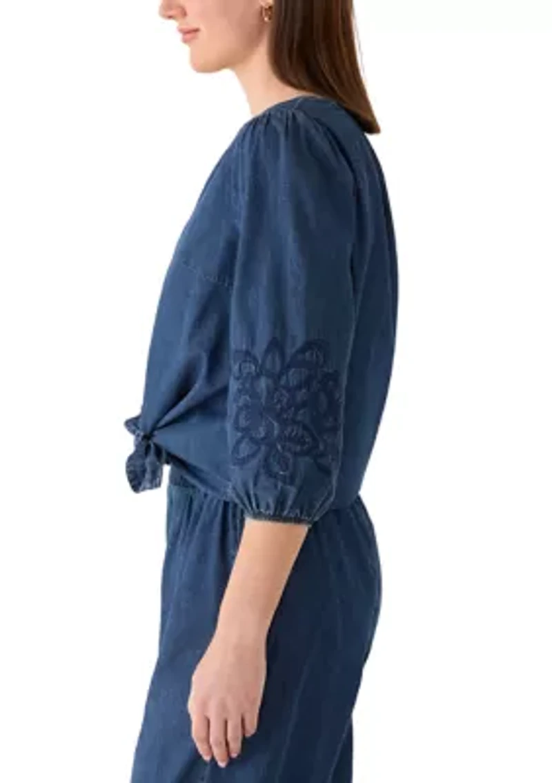 Women's 3/4 Sleeve Button Down Tie Front Shirt