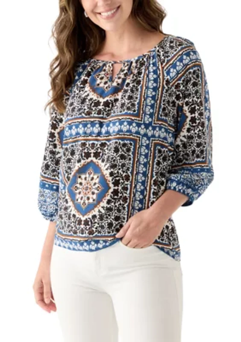 Women's Three-Quarter Sleeve Printed Peasant Blouse