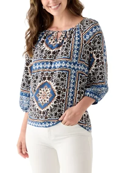 Women's Three-Quarter Sleeve Printed Peasant Blouse