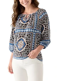 Women's Three-Quarter Sleeve Printed Peasant Blouse