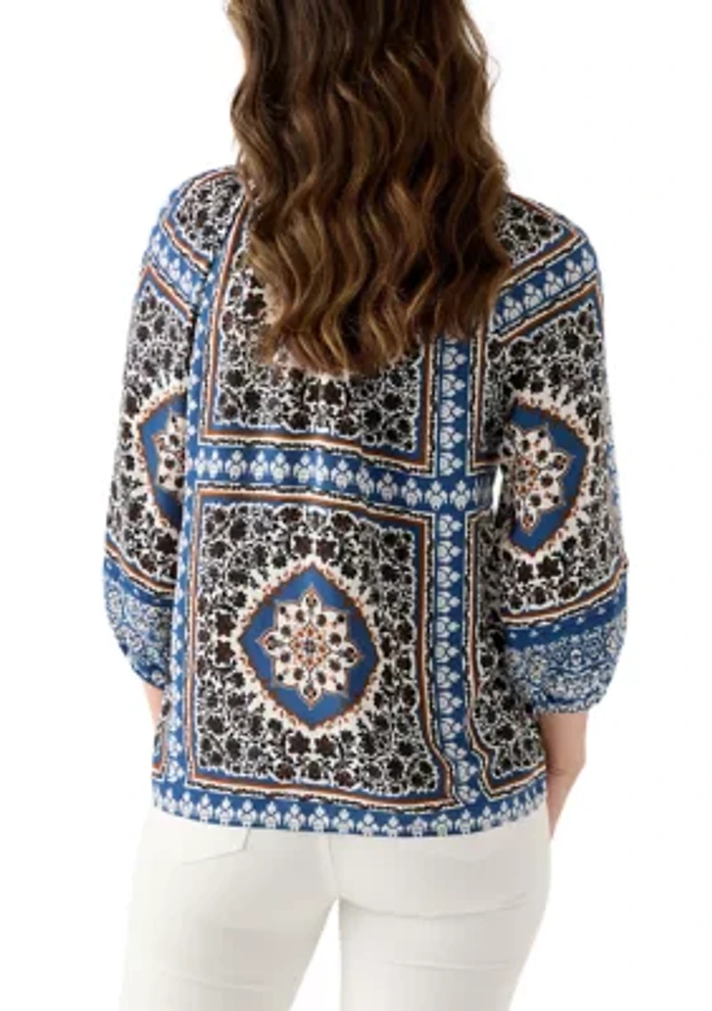 Women's Three-Quarter Sleeve Printed Peasant Blouse
