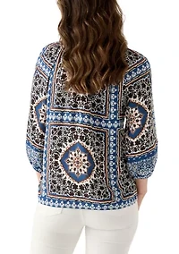 Women's Three-Quarter Sleeve Printed Peasant Blouse