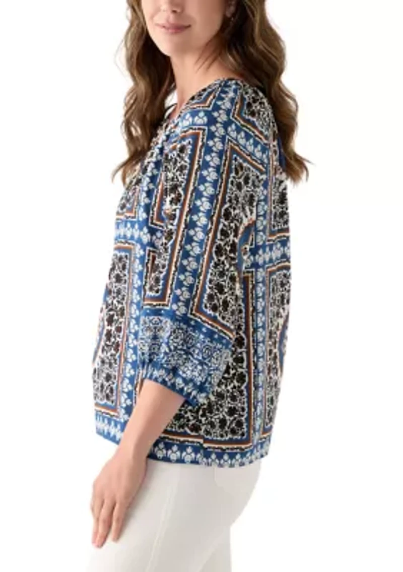 Women's Three-Quarter Sleeve Printed Peasant Blouse