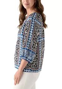 Women's Three-Quarter Sleeve Printed Peasant Blouse