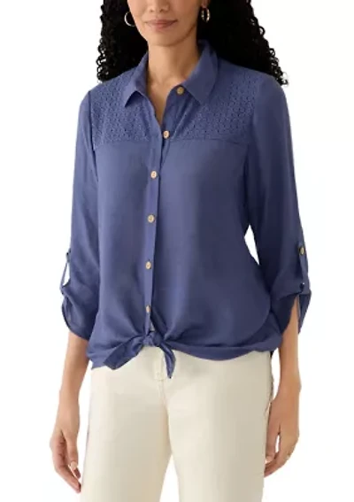 Women's 3/4 Tie Sleeve Button Front Shirt