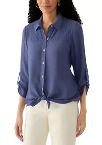 Women's 3/4 Tie Sleeve Button Front Shirt