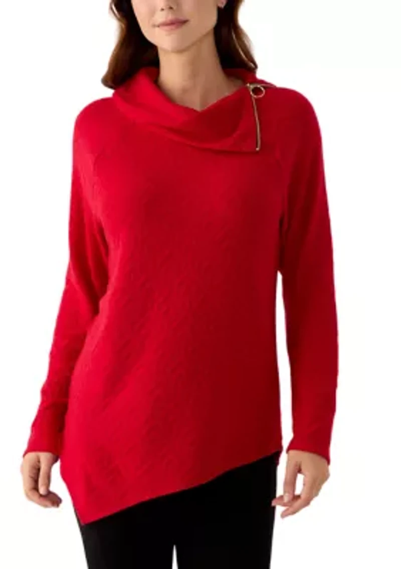Women's Long Sleeve Jacquard Knit Asymmetrical Hem Pullover