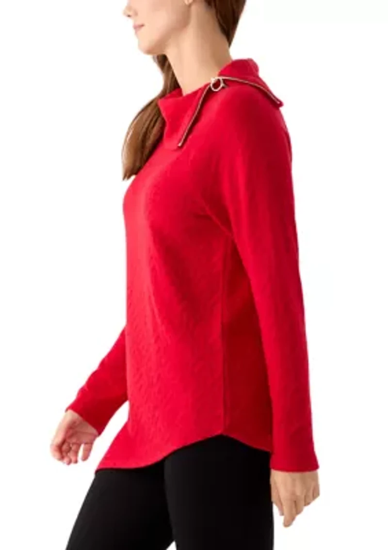 Women's Long Sleeve Jacquard Knit Asymmetrical Hem Pullover