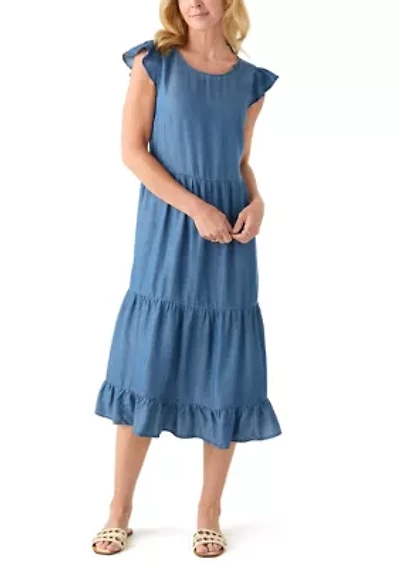 Women's Sleeveless Tiered Denim Midi Dress