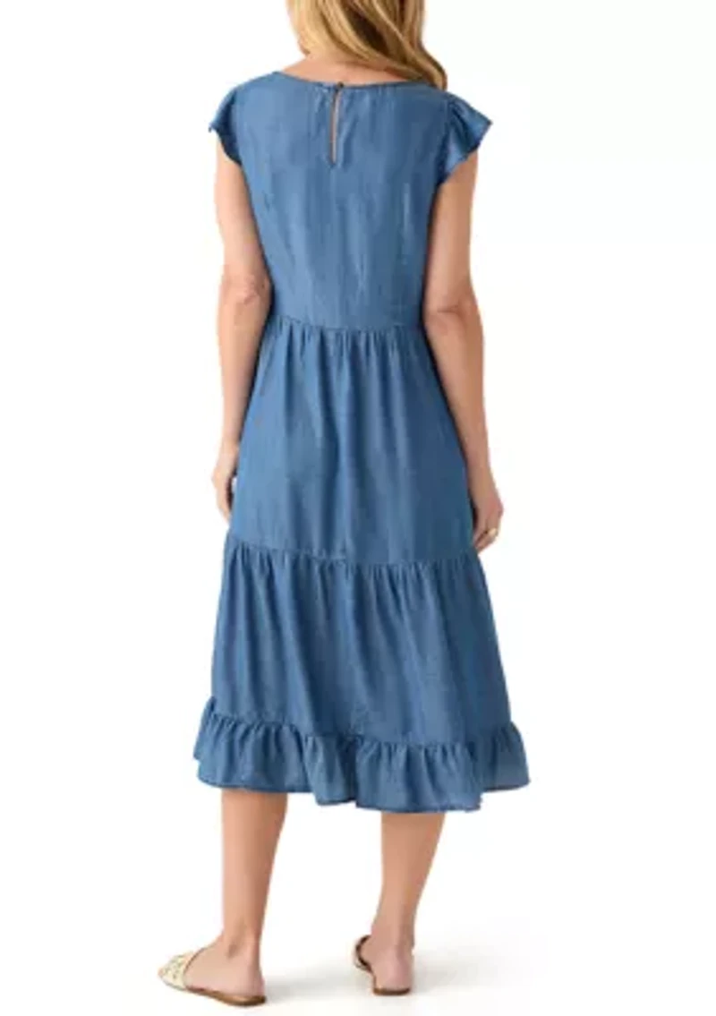 Women's Sleeveless Tiered Denim Midi Dress