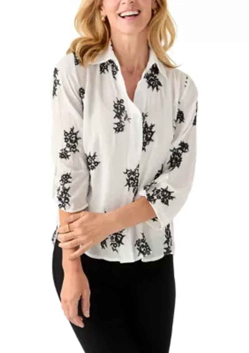 Women's Long Sleeve Embroidered Button-Front Tie Top