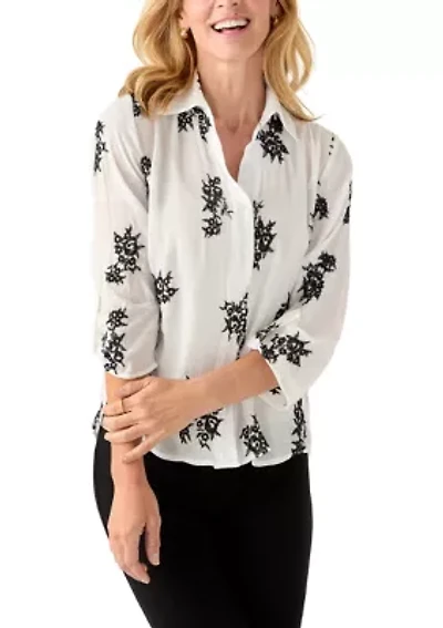 Women's Long Sleeve Embroidered Button-Front Tie Top