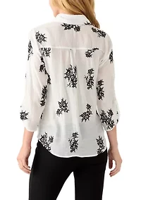 Women's Long Sleeve Embroidered Button-Front Tie Top