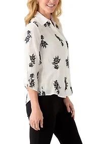 Women's Long Sleeve Embroidered Button-Front Tie Top