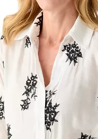Women's Long Sleeve Embroidered Button-Front Tie Top