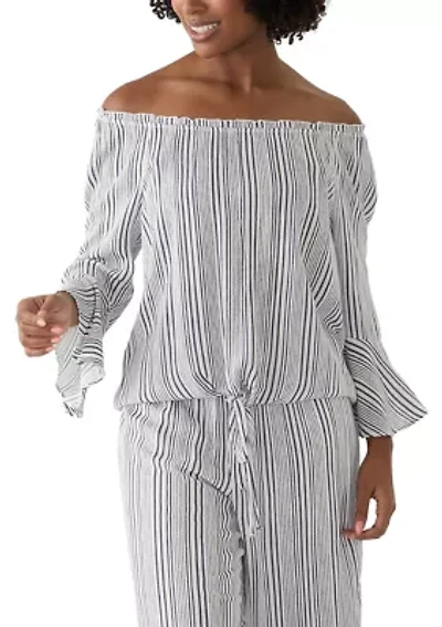 Women's Off the Shoulder Striped Tie Front Blouse