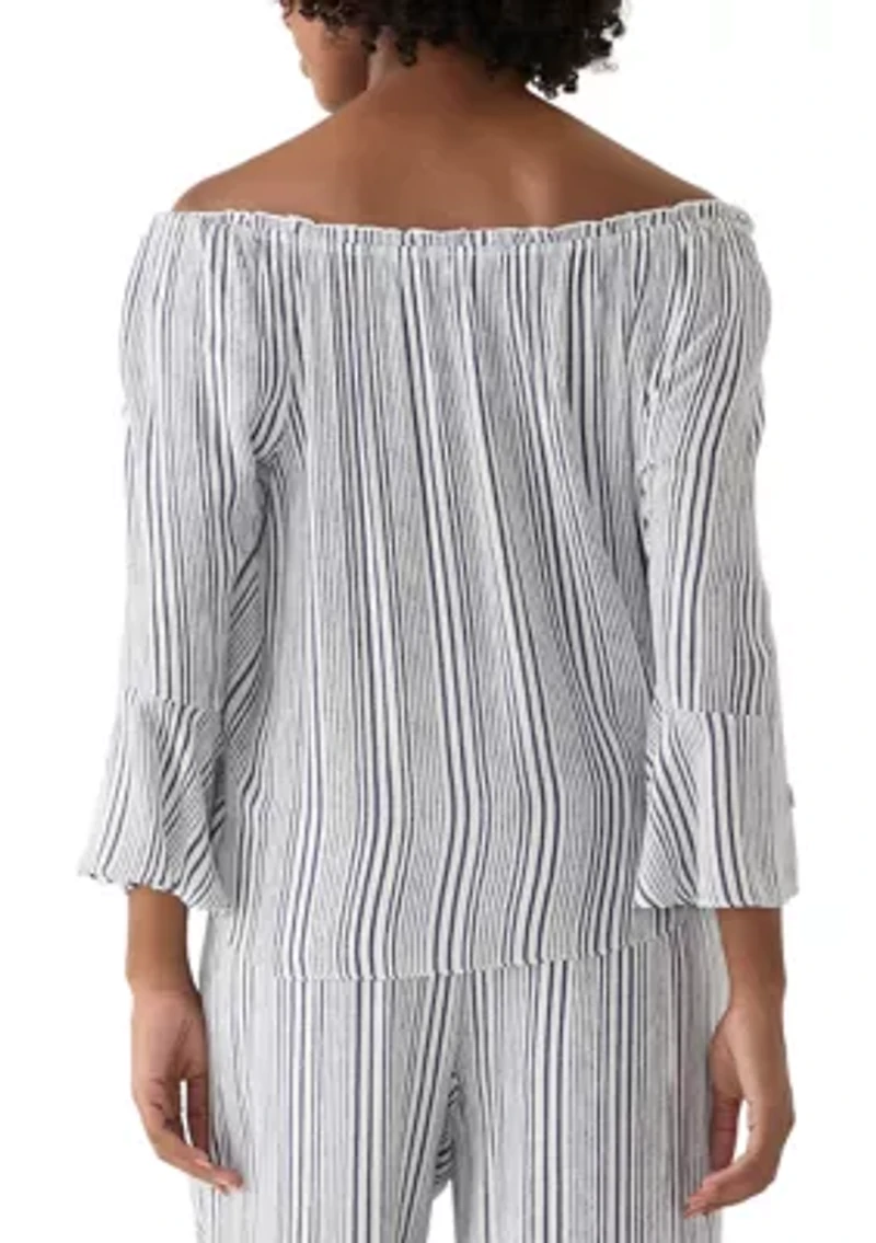 Women's Off the Shoulder Striped Tie Front Blouse