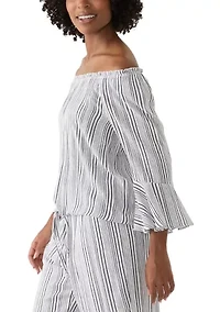 Women's Off the Shoulder Striped Tie Front Blouse