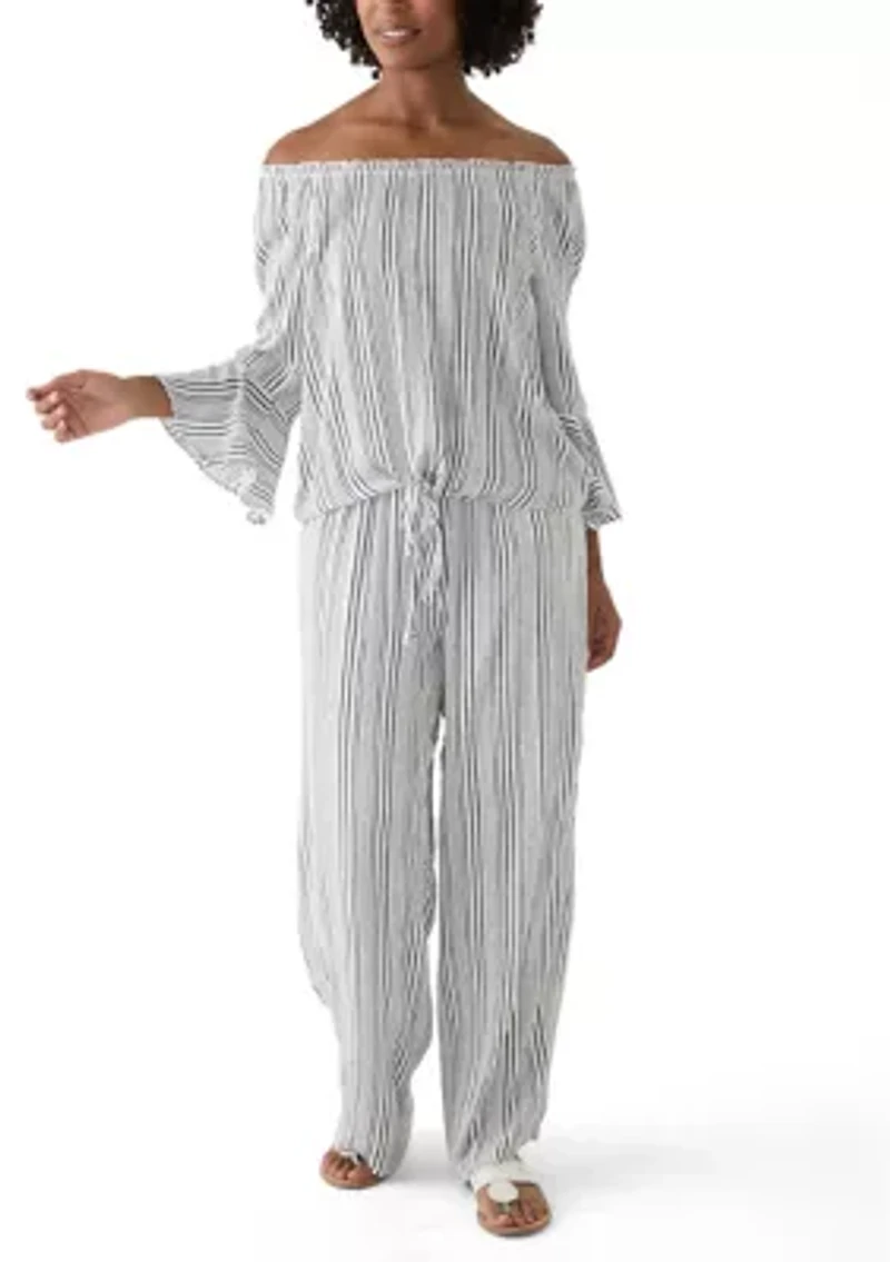 Women's Off the Shoulder Striped Tie Front Blouse