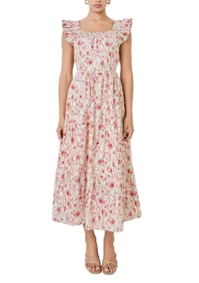 BACK BOW FLORAL PRINT MIDI DRESS