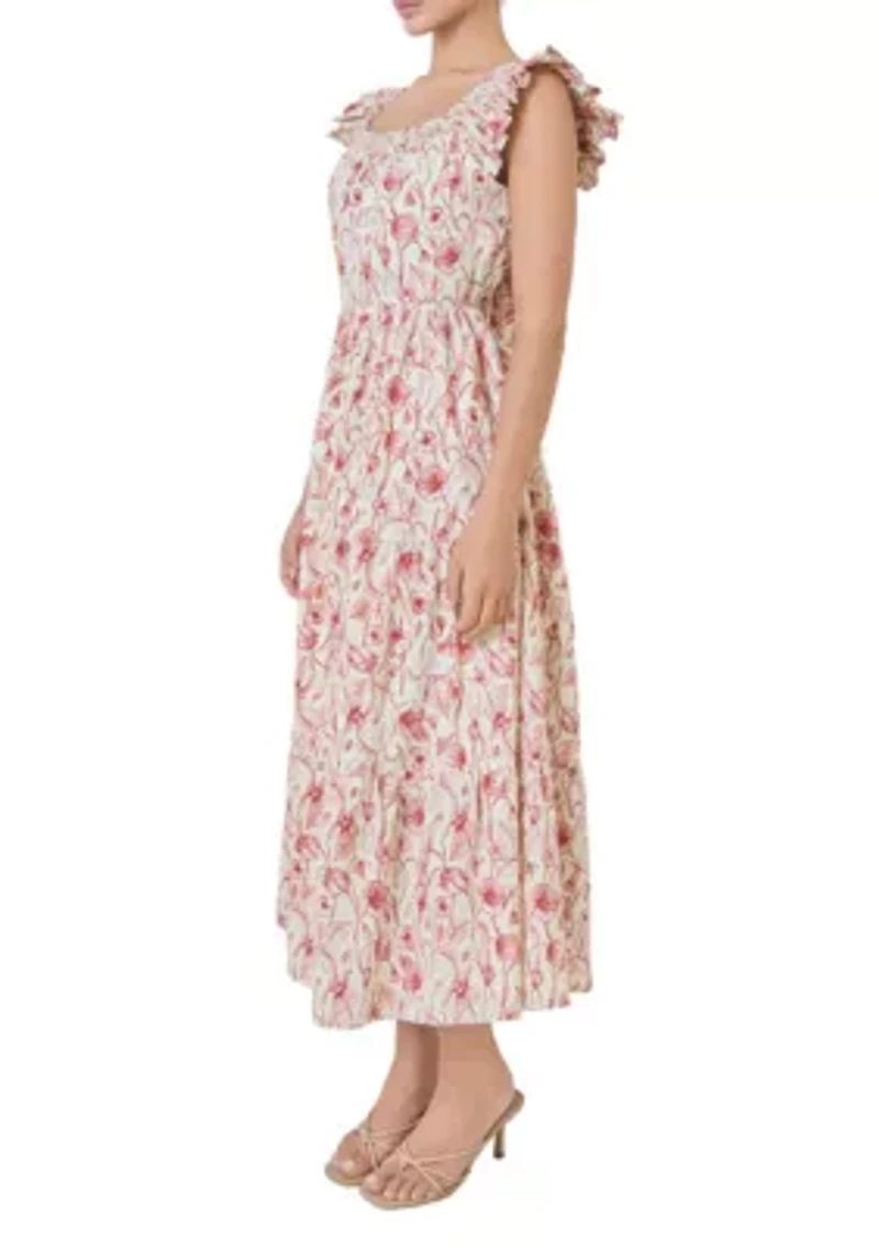 BACK BOW FLORAL PRINT MIDI DRESS