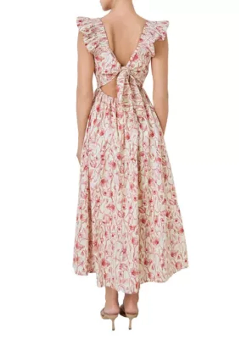 BACK BOW FLORAL PRINT MIDI DRESS