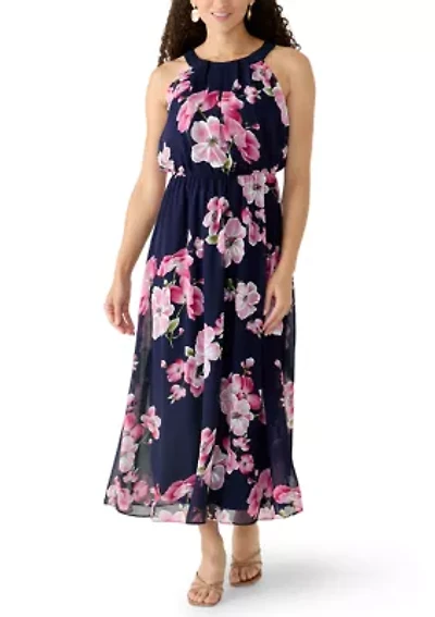 Petite Sleeveless Halter Neck Floral Chiffon Dress