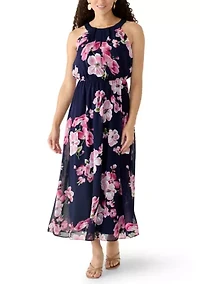 Petite Sleeveless Halter Neck Floral Chiffon Dress