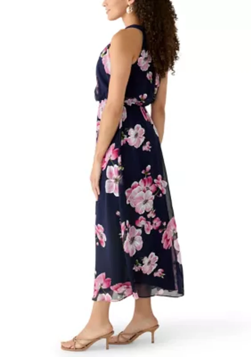 Petite Sleeveless Halter Neck Floral Chiffon Dress