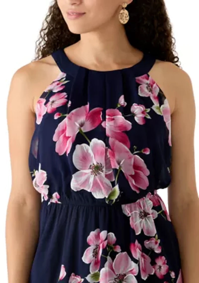 Petite Sleeveless Halter Neck Floral Chiffon Dress