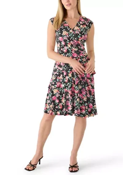 Petite Cap Sleeve A-Line Print Dress