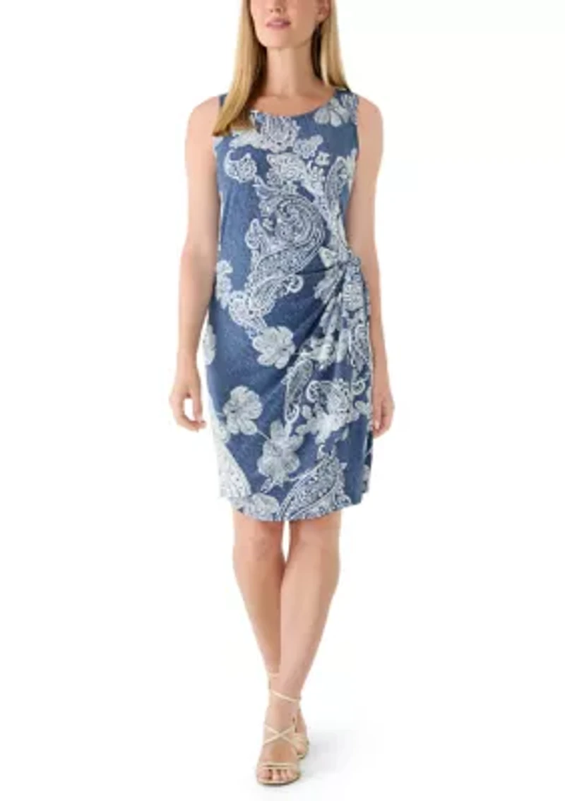 Petite Sleeveless Denim Print Tie Waist Shift Dress