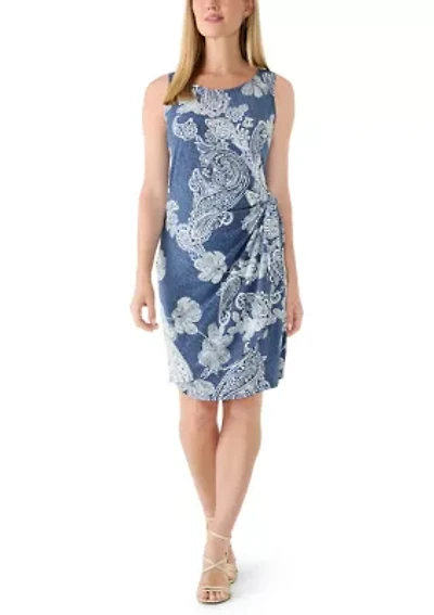 Petite Sleeveless Denim Print Tie Waist Shift Dress