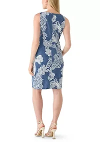 Petite Sleeveless Denim Print Tie Waist Shift Dress