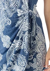 Petite Sleeveless Denim Print Tie Waist Shift Dress