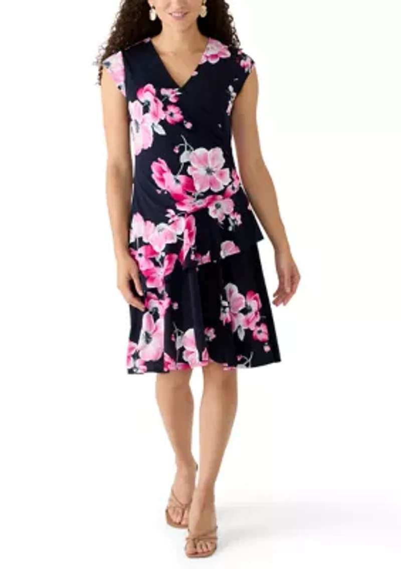 Petite Cap Sleeve Ruffle Print Dress