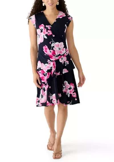 Petite Cap Sleeve Ruffle Print Dress