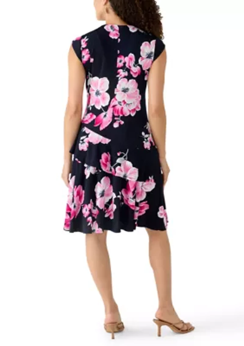 Petite Cap Sleeve Ruffle Print Dress