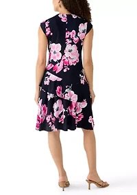 Petite Cap Sleeve Ruffle Print Dress