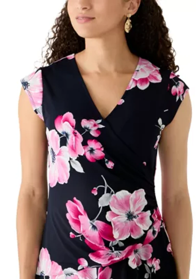 Petite Cap Sleeve Ruffle Print Dress