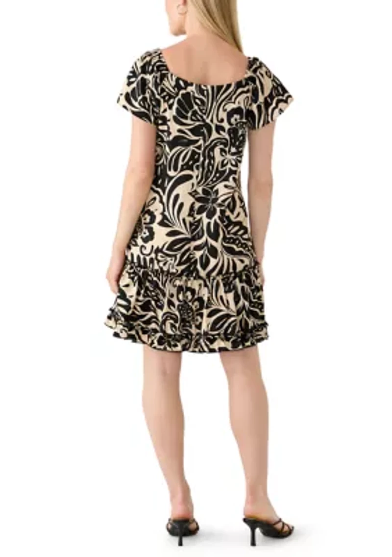 Petite Scoop Neck Floral Print Gauze A-Line Dress