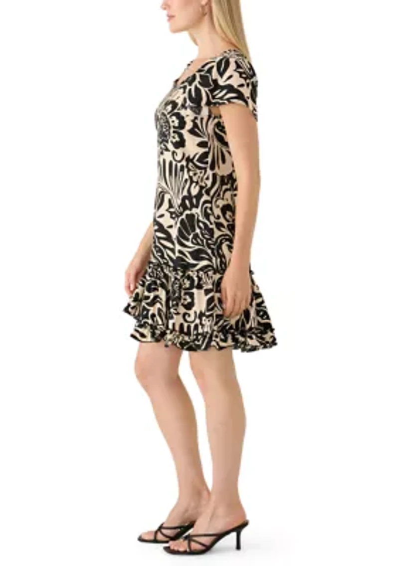 Petite Scoop Neck Floral Print Gauze A-Line Dress