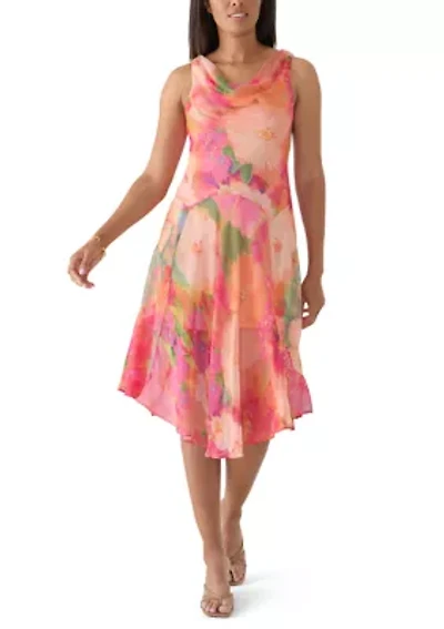 Petite Sleeveless Cowl Neck Floral Chiffon Midi Dress